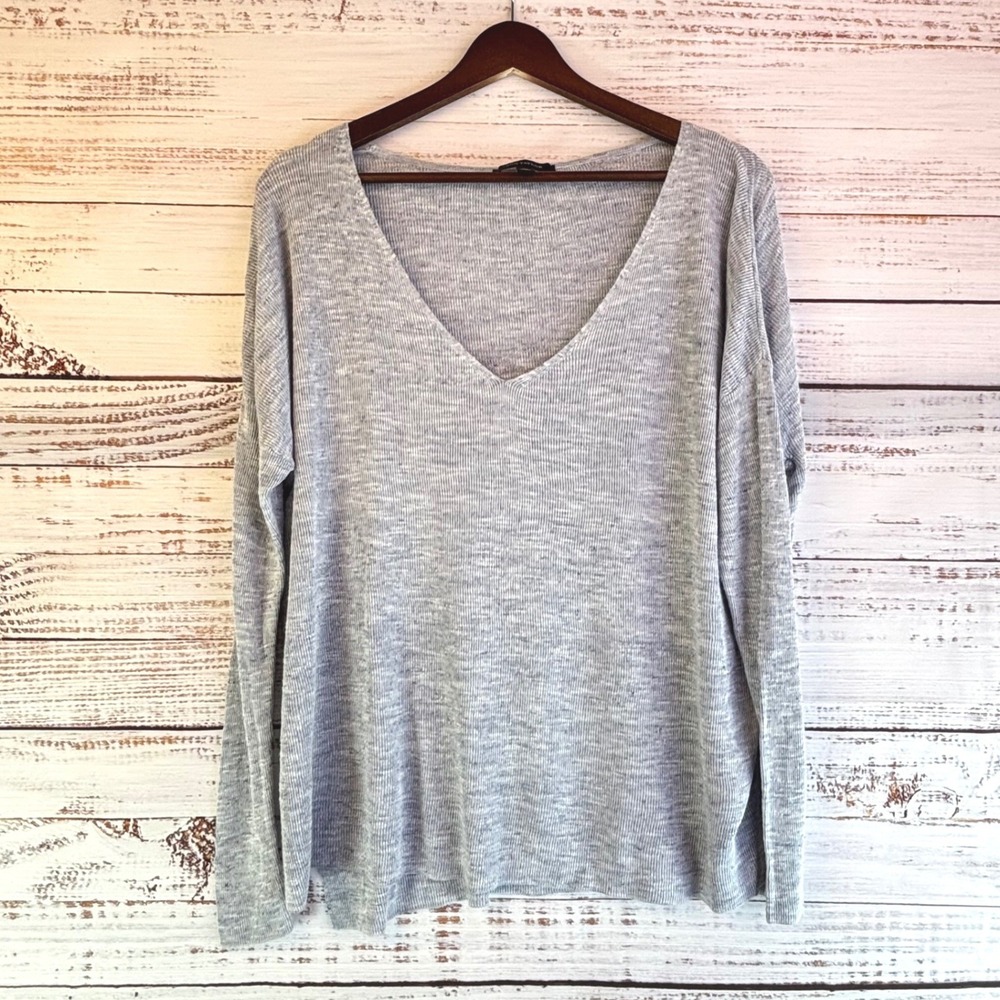 Ann Taylor Sweater M Blue Linen?Viscose Ribbed V-Neck Drapey Lightweight Coastal